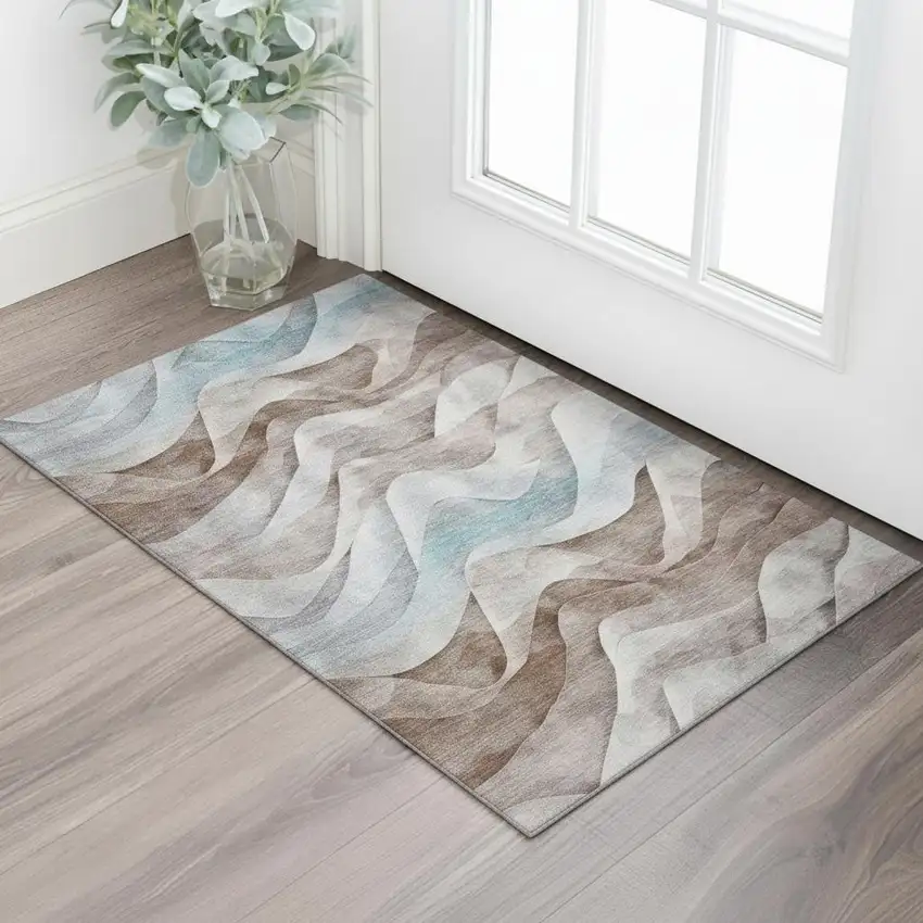 Coffee Blue And Ivory Abstract Washable Area Rug With UV Protection Photo 2