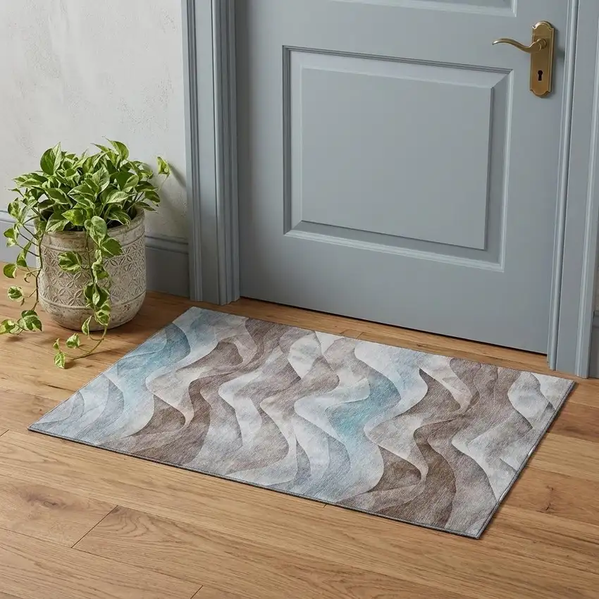 Coffee Blue And Ivory Abstract Washable Area Rug With UV Protection Photo 1