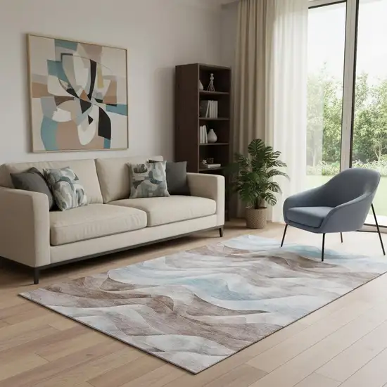 Coffee Blue And Ivory Abstract Washable Area Rug With UV Protection Photo 2