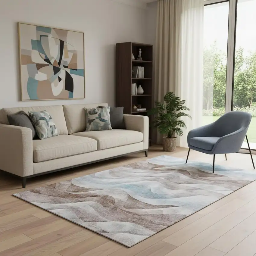 Coffee Blue And Ivory Abstract Washable Area Rug With UV Protection Photo 2