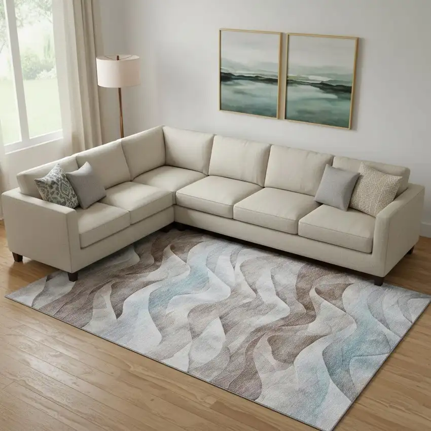 Coffee Blue And Ivory Abstract Washable Area Rug With UV Protection Photo 2