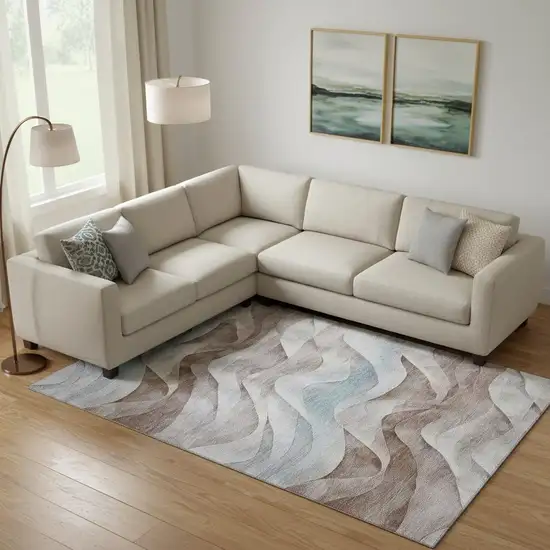 Coffee Blue And Ivory Abstract Washable Area Rug With UV Protection Photo 2