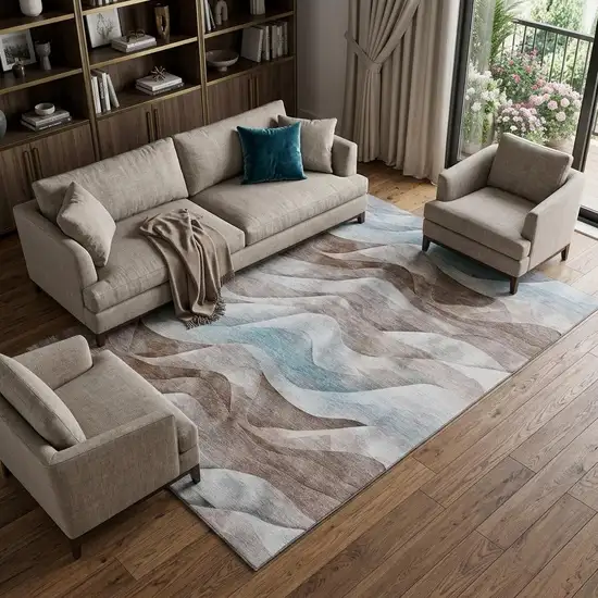 Coffee Blue And Ivory Abstract Washable Area Rug With UV Protection Photo 1