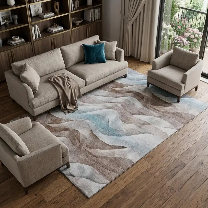 Coffee Blue And Ivory Abstract Washable Area Rug With UV Protection Photo 1