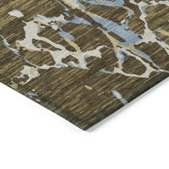 Coffee Blue And Ivory Striped Washable Indoor Outdoor Area Rug Photo 4