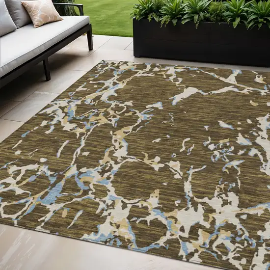 Coffee Blue And Ivory Striped Washable Indoor Outdoor Area Rug Photo 1