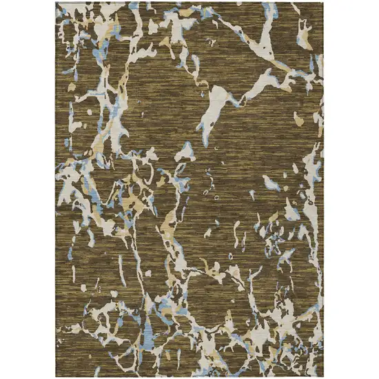 Coffee Blue And Ivory Striped Washable Indoor Outdoor Area Rug Photo 2