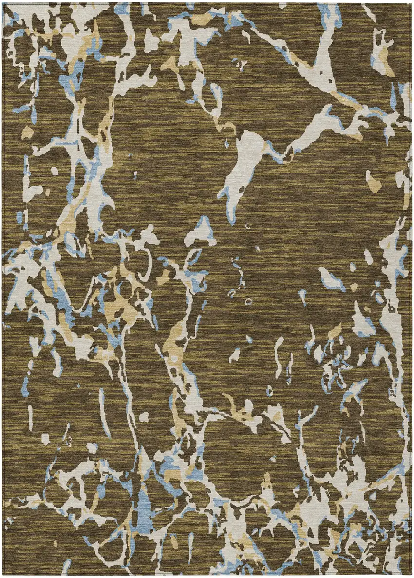 Coffee Blue And Ivory Striped Washable Indoor Outdoor Area Rug Photo 2