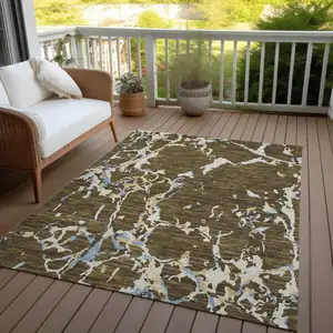 Photo of Coffee Blue And Ivory Striped Washable Indoor Outdoor Area Rug