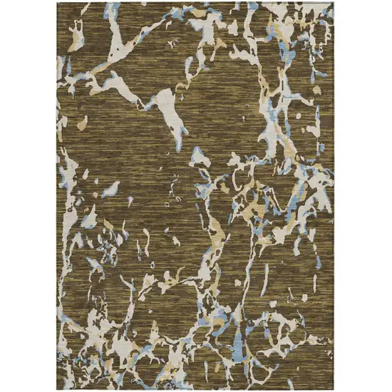 Coffee Blue And Ivory Striped Washable Indoor Outdoor Area Rug Photo 7