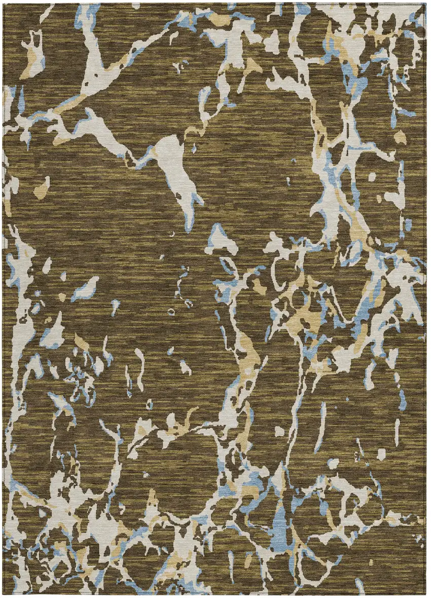 Coffee Blue And Ivory Striped Washable Indoor Outdoor Area Rug Photo 7