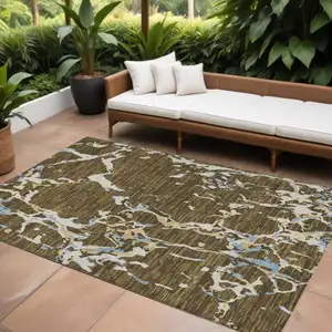 Photo of Coffee Blue And Ivory Striped Washable Indoor Outdoor Area Rug