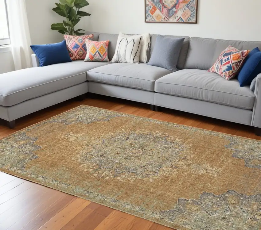 Coffee Brown Machine Woven Floral Medallion Indoor Area Rug Photo 1