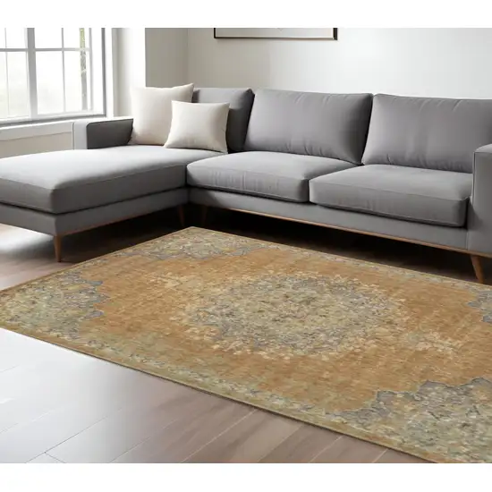Brown And Gray Wool Medallion Distressed Area Rug Photo 2