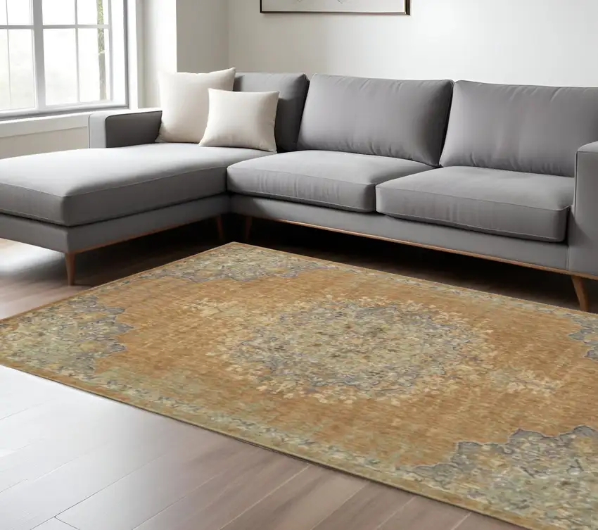 Brown And Gray Wool Medallion Distressed Area Rug Photo 2