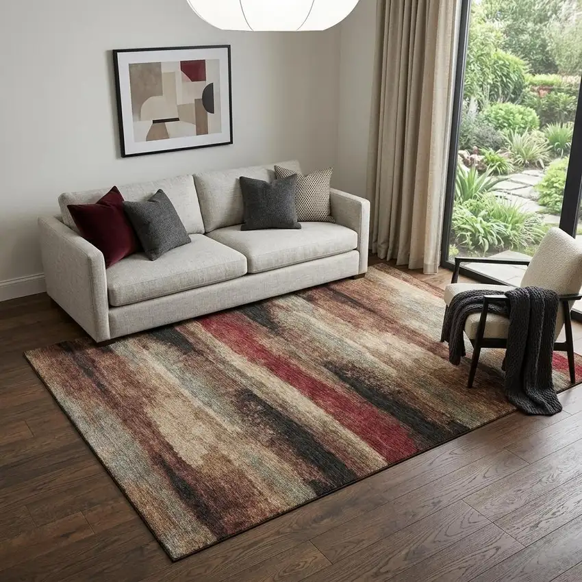 Coffee Burgundy And Beige Abstract Washable Area Rug With UV Protection Photo 1