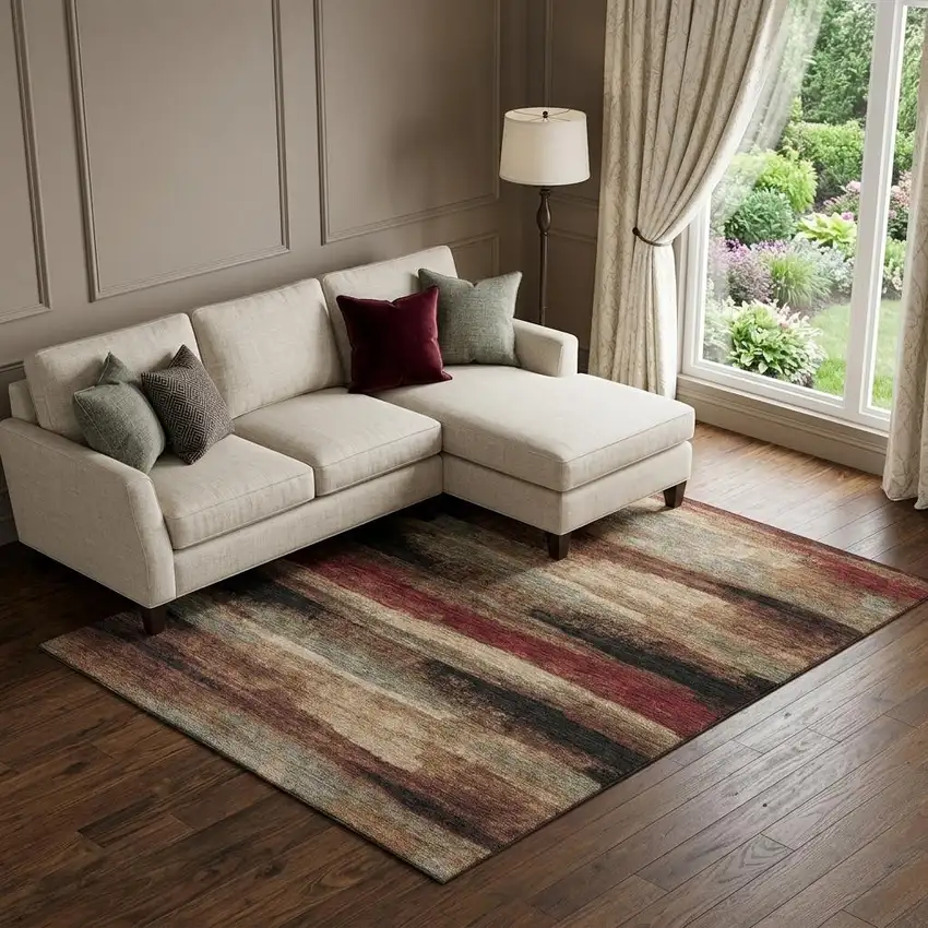 Coffee Burgundy And Beige Abstract Washable Area Rug With UV Protection Photo 1