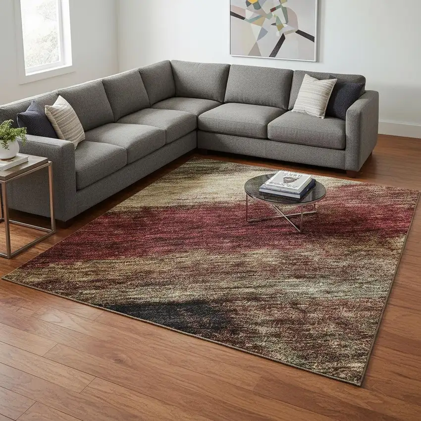 Coffee Burgundy And Beige Abstract Washable Area Rug With UV Protection Photo 2