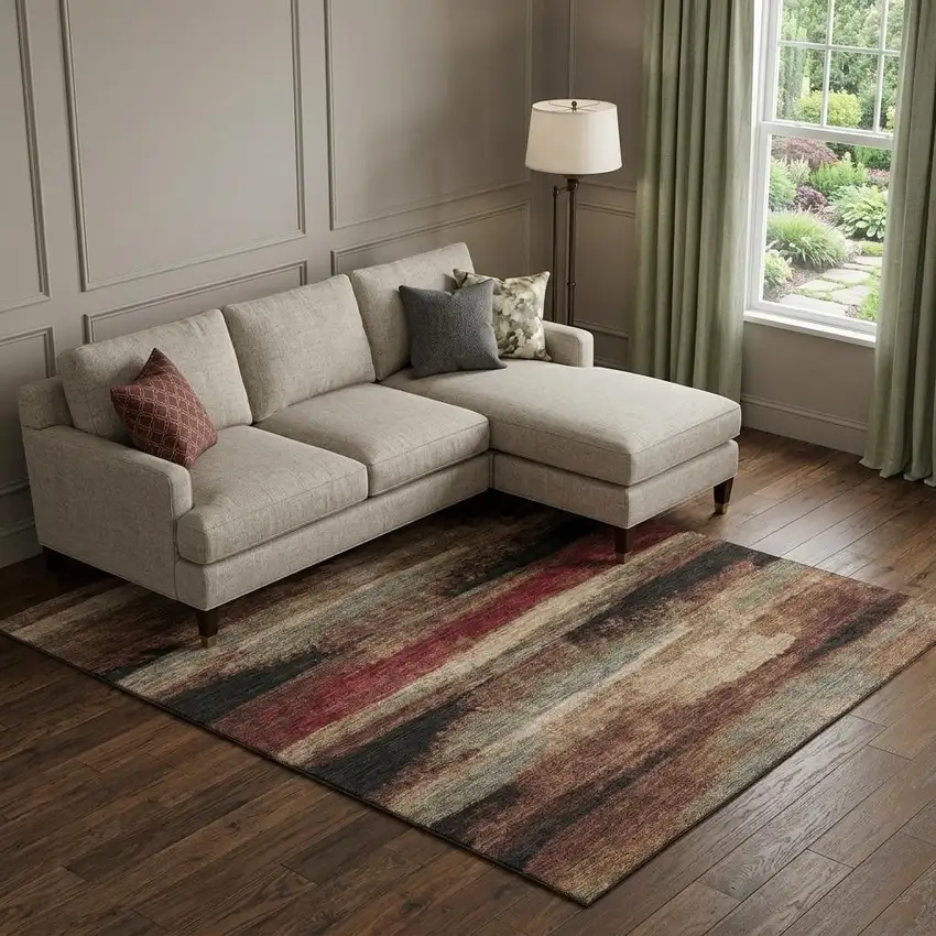 Coffee Burgundy And Beige Abstract Washable Area Rug With UV Protection Photo 1