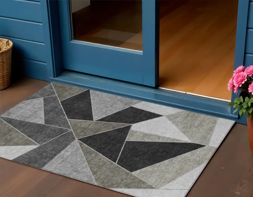 Coffee Charcoal And Gray Geometric Washable Indoor Outdoor Area Rug Photo 1