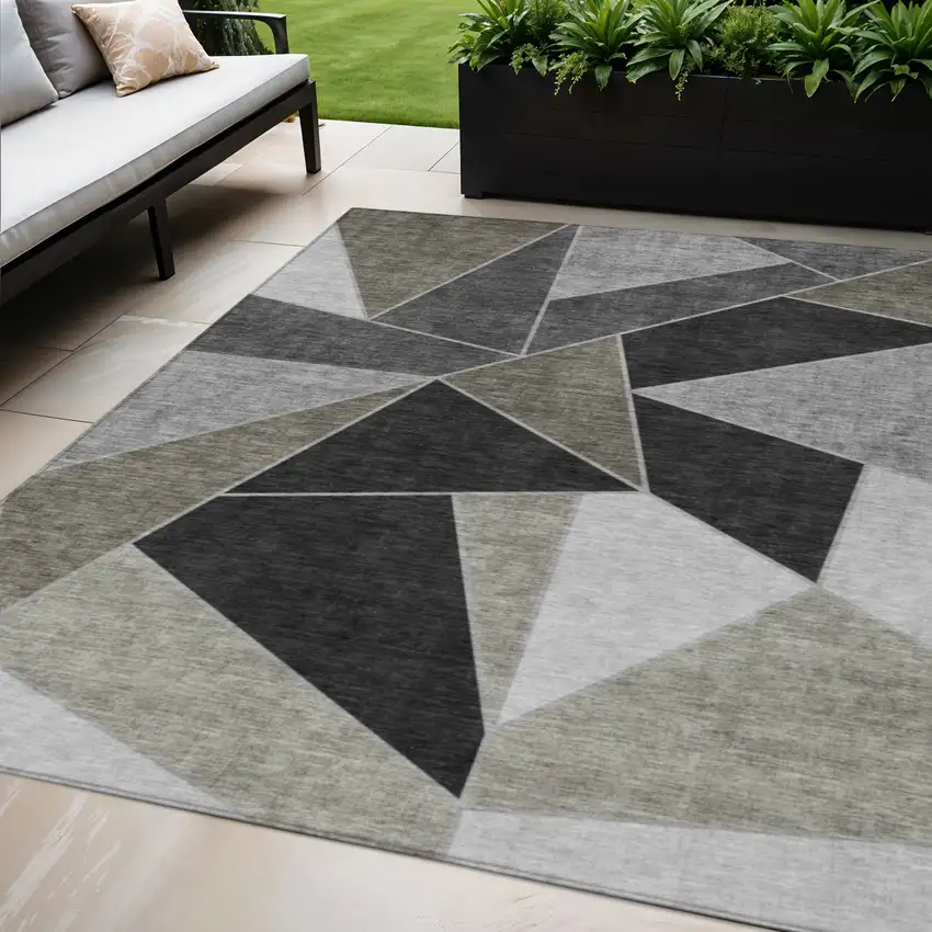 Coffee Charcoal And Gray Geometric Washable Indoor Outdoor Area Rug Photo 1