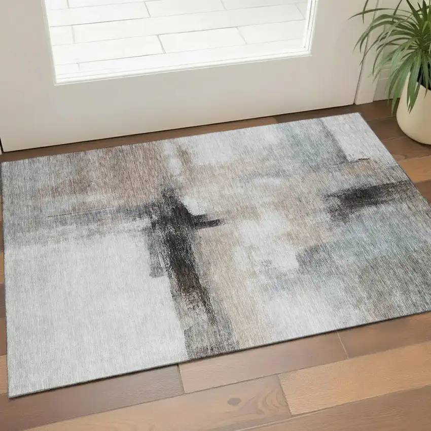 Coffee Charcoal And Ivory Abstract Washable Area Rug With UV Protection Photo 1