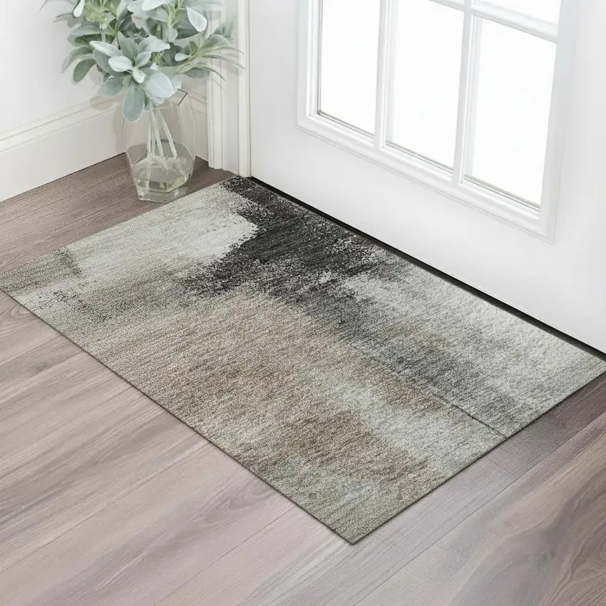 Coffee Charcoal And Ivory Abstract Washable Area Rug With UV Protection Photo 2
