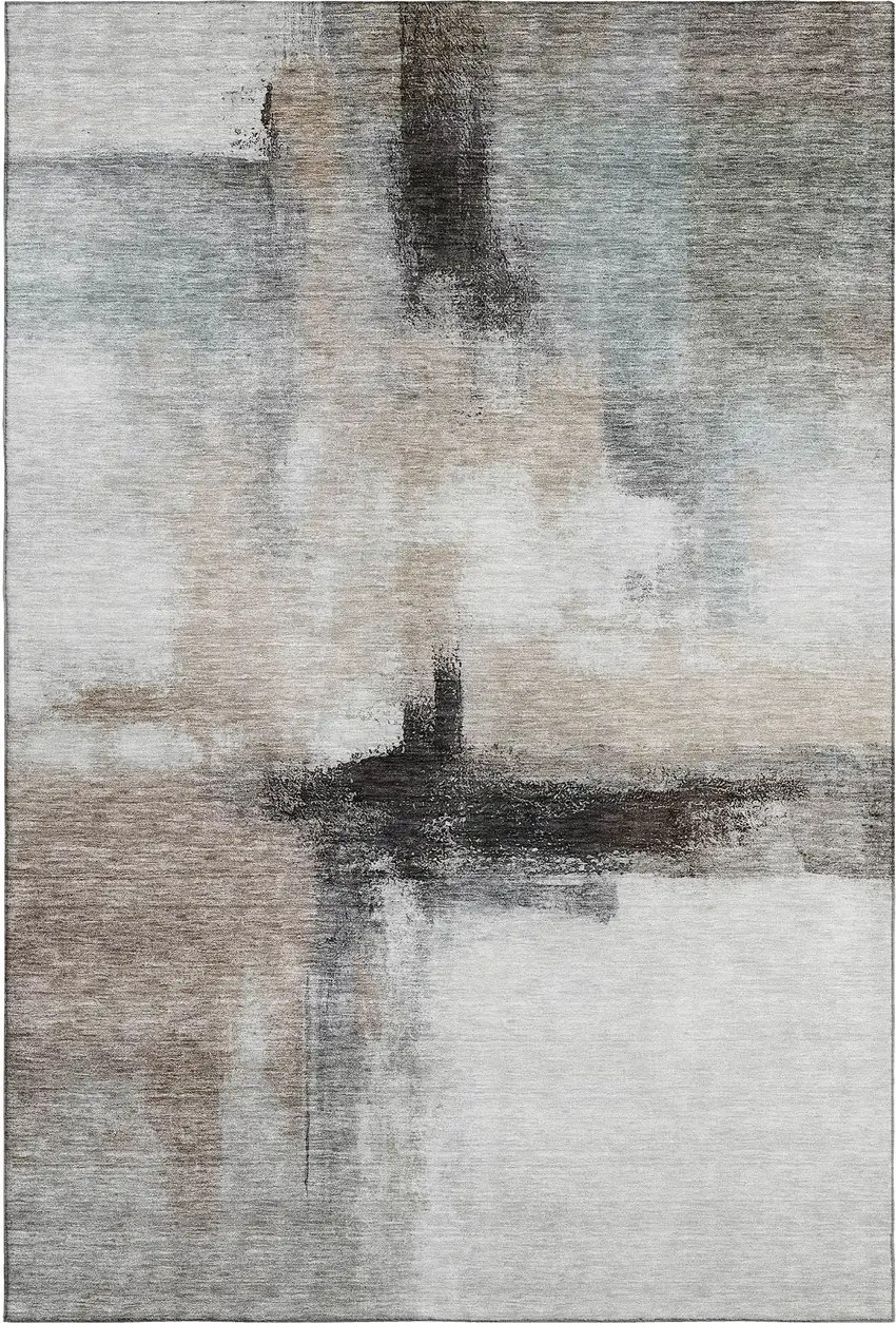 Coffee Charcoal And Ivory Abstract Washable Area Rug With UV Protection Photo 5