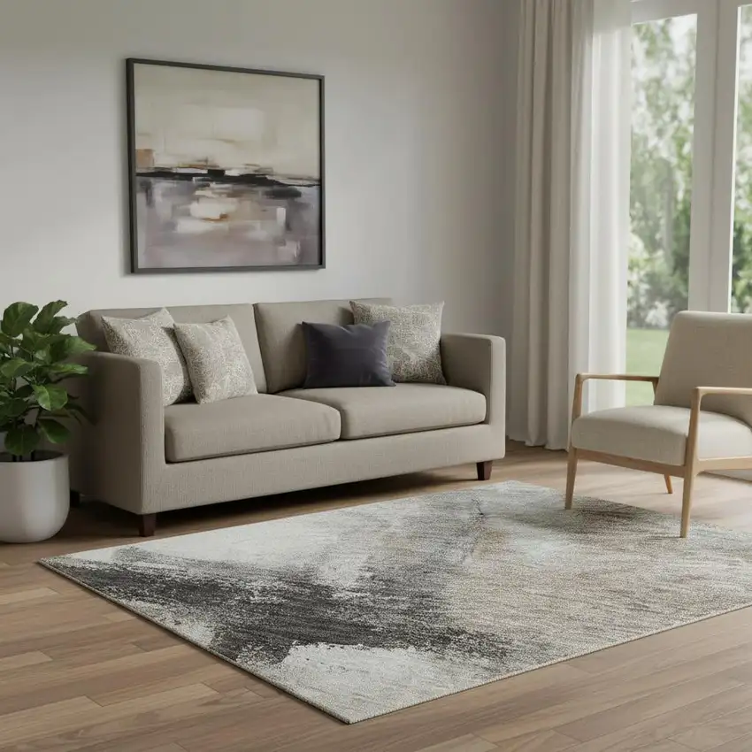 Coffee Charcoal And Ivory Abstract Washable Area Rug With UV Protection Photo 2