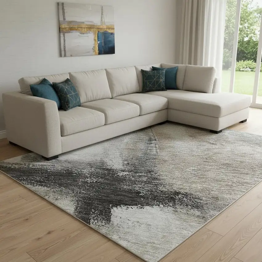 Coffee Charcoal And Ivory Abstract Washable Area Rug With UV Protection Photo 2