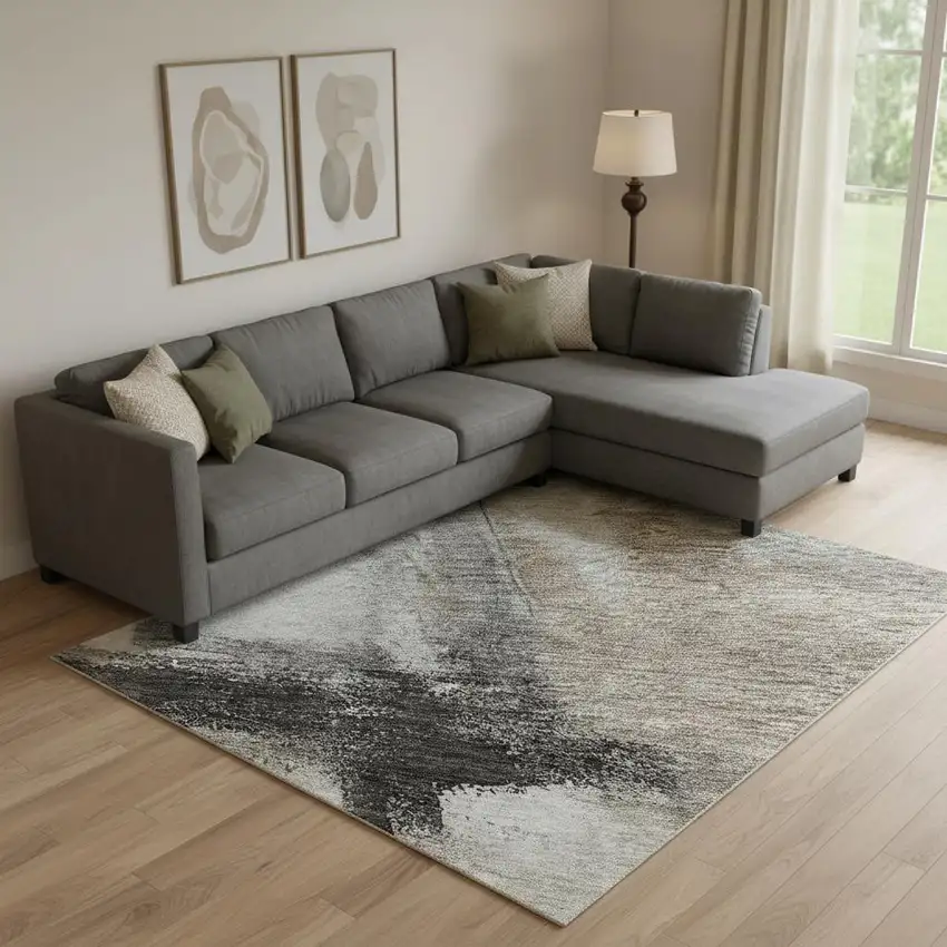 Coffee Charcoal And Ivory Abstract Washable Area Rug With UV Protection Photo 2