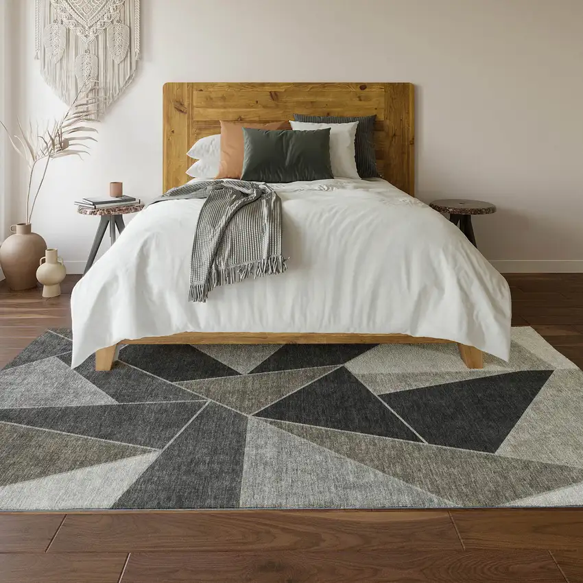 Coffee Charcoal And Ivory Geometric Washable Area Rug With UV Protection Photo 5