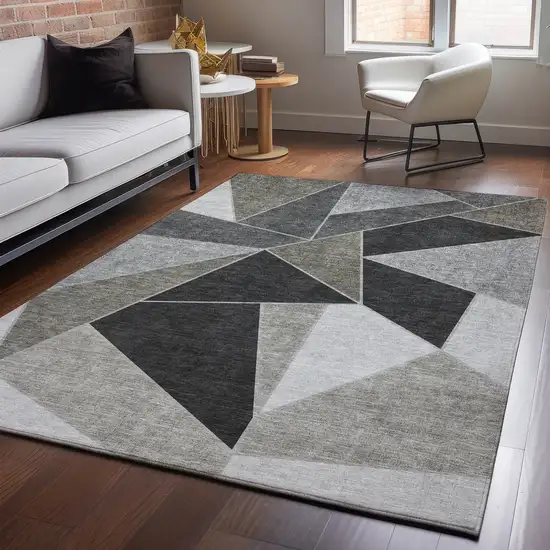 Coffee Charcoal And Ivory Geometric Washable Area Rug With UV Protection Photo 4