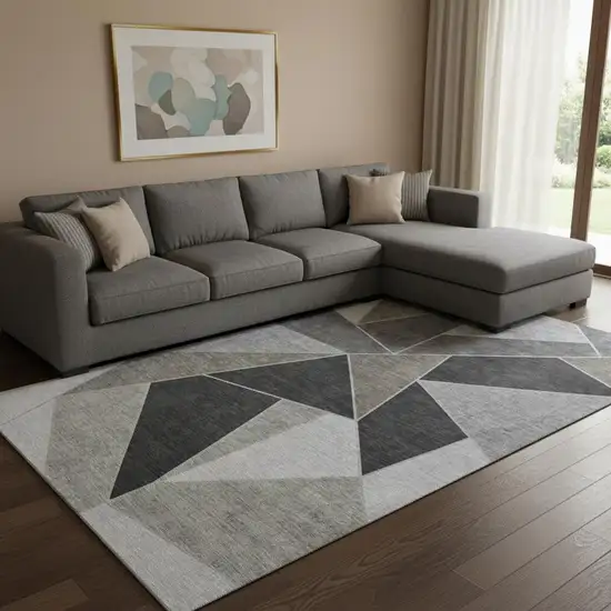 Coffee Charcoal And Ivory Geometric Washable Area Rug With UV Protection Photo 1