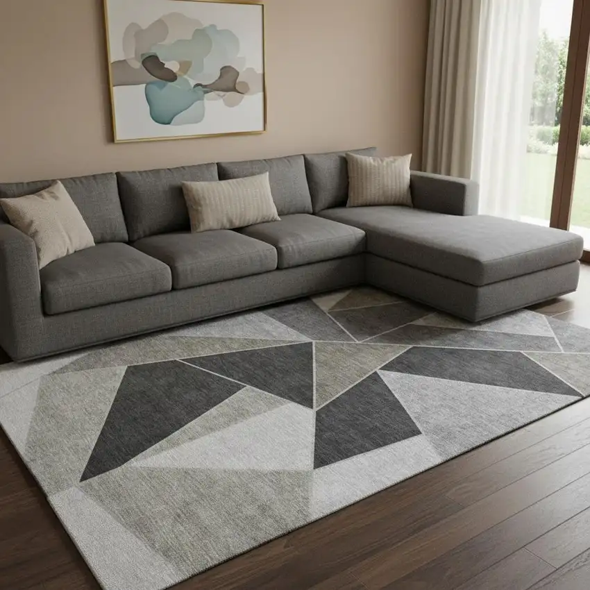 Coffee Charcoal And Ivory Geometric Washable Area Rug With UV Protection Photo 1