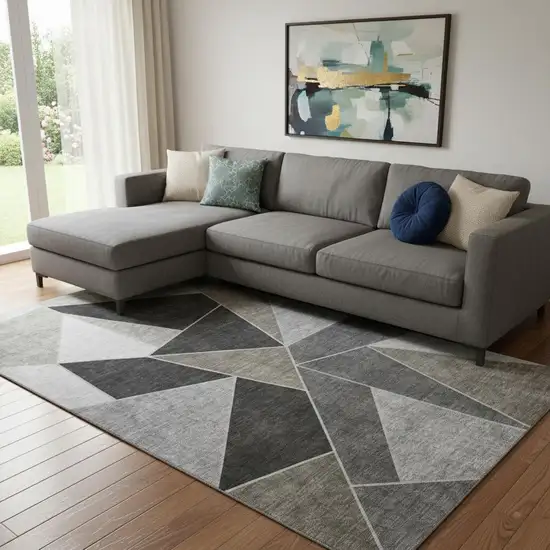 Coffee Charcoal And Ivory Geometric Washable Area Rug With UV Protection Photo 1