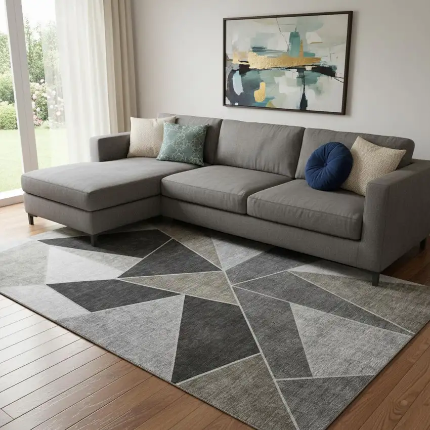 Coffee Charcoal And Ivory Geometric Washable Area Rug With UV Protection Photo 1