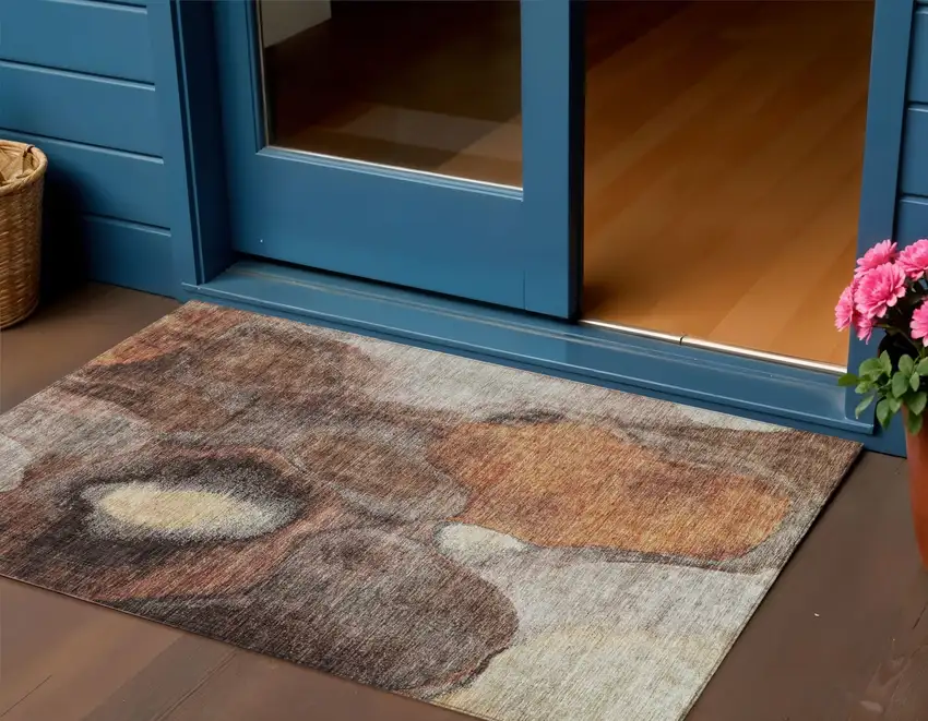 Coffee Copper And Beige Abstract Washable Indoor Outdoor Area Rug Photo 1