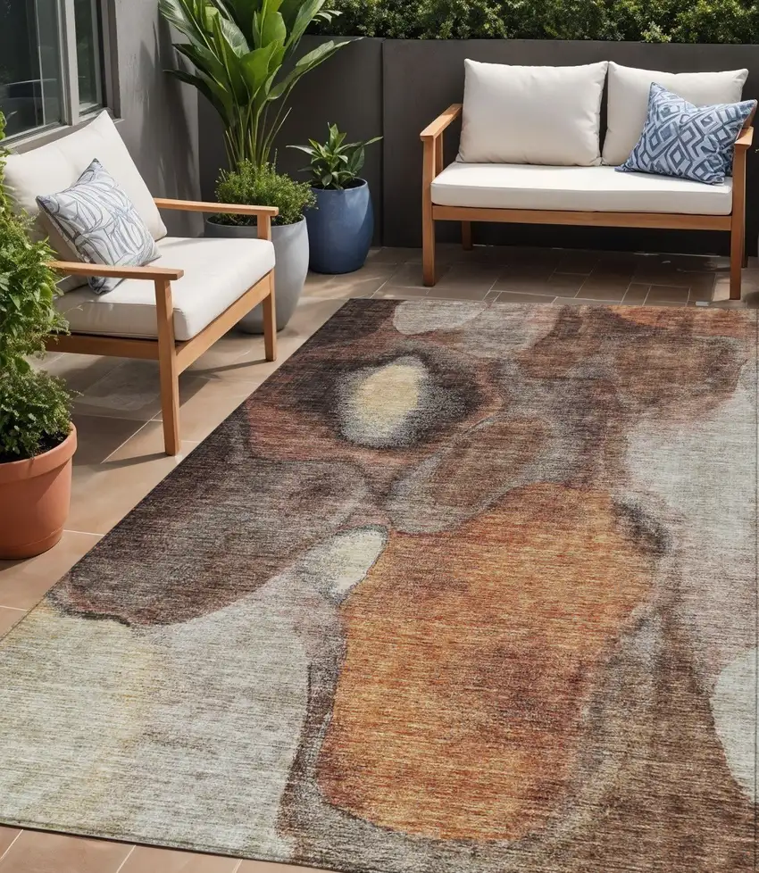 Coffee Copper And Beige Abstract Washable Indoor Outdoor Area Rug Photo 1