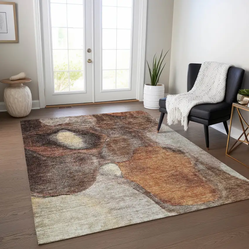 Coffee Copper And Beige Abstract Washable Indoor Outdoor Area Rug Photo 9
