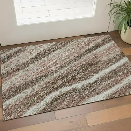 Coffee Copper And Beige Striped Washable Area Rug With UV Protection Photo 1