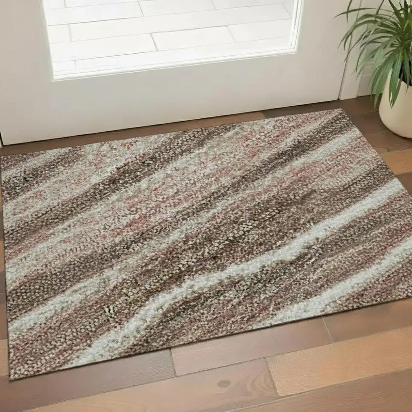Coffee Copper And Beige Striped Washable Area Rug With UV Protection Photo 1