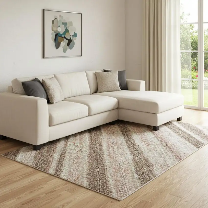 Coffee Copper And Beige Striped Washable Area Rug With UV Protection Photo 2