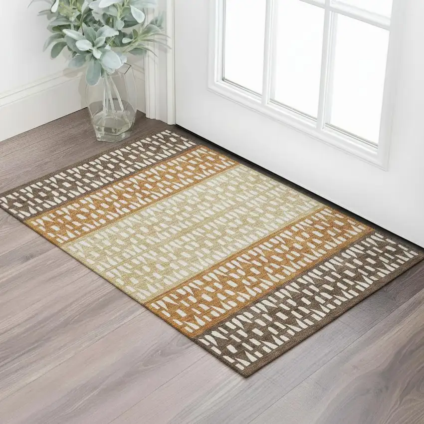 Coffee Copper And Ivory Geometric Washable Area Rug With UV Protection Photo 2