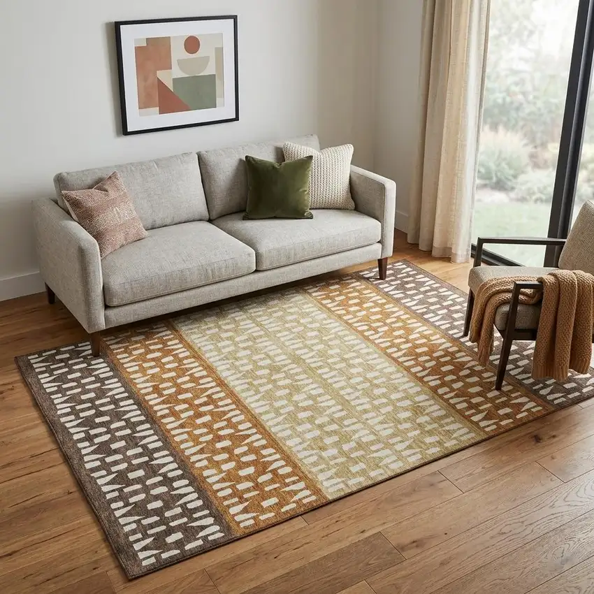 Coffee Copper And Ivory Geometric Washable Area Rug With UV Protection Photo 1