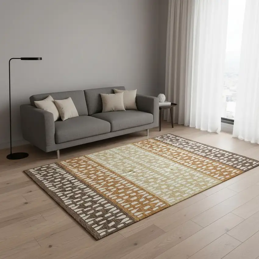 Coffee Copper And Ivory Geometric Washable Area Rug With UV Protection Photo 2