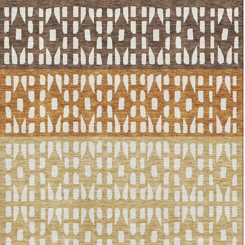 Coffee Copper And Ivory Geometric Washable Area Rug With UV Protection Photo 2