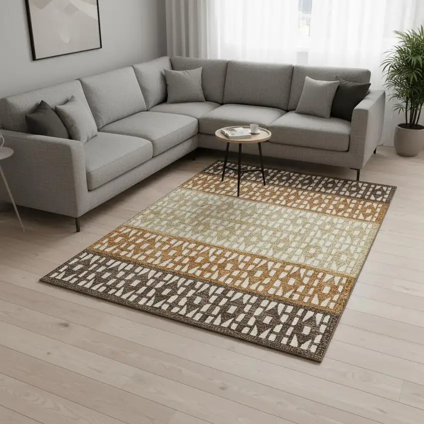 Coffee Copper And Ivory Geometric Washable Area Rug With UV Protection Photo 2