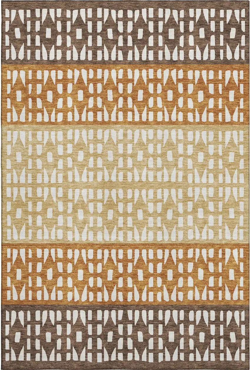 Coffee Copper And Ivory Geometric Washable Area Rug With UV Protection Photo 1