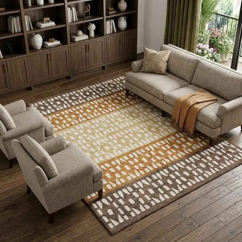 Coffee Copper And Ivory Geometric Washable Area Rug With UV Protection Photo 1